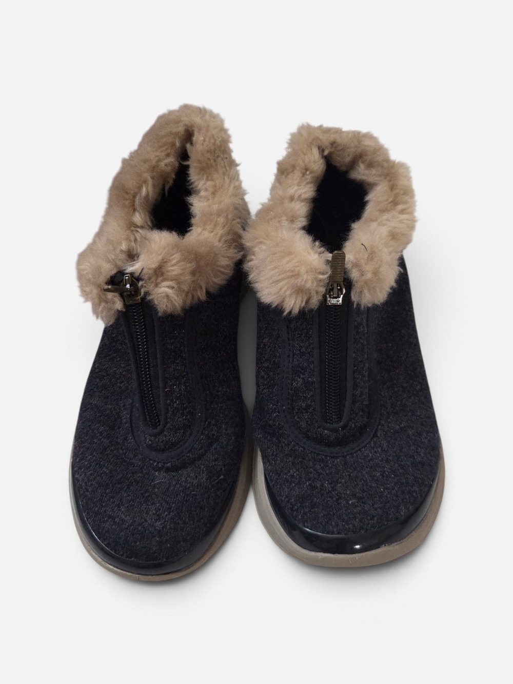 Bzees Golden Zip Faux Fur Ankle Booties Charcoal Grey Wool Blend Womens Size 8